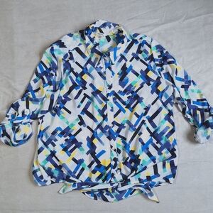 Tanjay Blue Yellow Button Up Tie Waist Blouse, Large